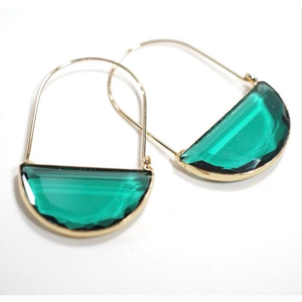 New Anthro Green Faceted Crescent Earrings Closed Hoops - Picture 2 of 2
